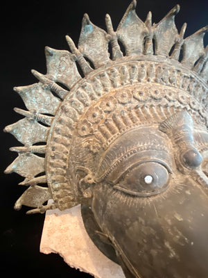 Ceremonial dancer's headpiece worn as a mask in the form of Vishnu's incarnation as Varaha. For ritual use in annual Dharmanema dance festivals. Early 20th century. Bronze lost wax casting. From Kerala, southern India. Measurements: Width 51 cm, height 43 cm, depth 32 cm.