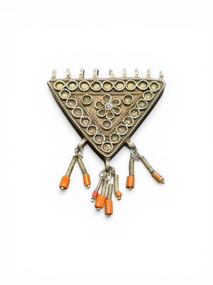 Vintage Afghani triangle protective amulet with Turkoman influence, high grade silver, red coral tipped dangles. Mid 20th C. Height 7.8 cm