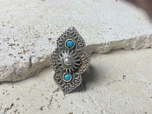 beautiful statement ring made by a Rajasthani village silversmith just outside of Jaipur. Sterling silver and blue ceramic beads with hand wired (not cast) filigree face decoration. Rajasthan, India. Looks great on a man's hand or woman's hand. Measurements: Face 4 cm x 2.5 cm Size 9.25 | 19.25 mm
