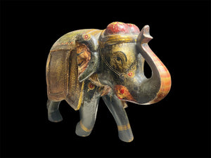 Very large vintage elephant, hand painted in rich detail, crafted in India from solid hard wood. Height 25.5, length 35 cm, depth 14 cm