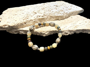 Yoga bracelet featuring vintage sterling silver, bloodstone, jasper and buffalo horn. Unisex bracelet on sturdy elasticised cord. Length 20 cm, inside 18 cm