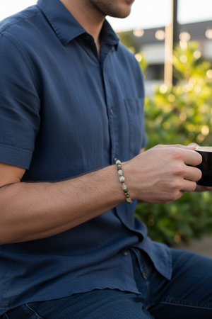Yoga bracelet featuring vintage sterling silver, bloodstone, jasper and buffalo horn. Unisex bracelet on sturdy elasticised cord. Length 20 cm, inside 18 cm