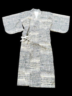 Vintage 1960's Japanese kimono, silk with cotton lining, geometric blue pattern ona cream background. Near mint condition.
