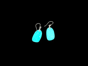 Elegant earrings of hand cut turquoise-dyed howlite stone, finished with sterling silver mounts and hooks. Length including hook 3.6 - 3.9 cm.