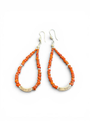 Red-brown-orange toned drop hoop earrings, made with ceramic Bonda beads, Karen hill tribe silver feature beads and sterling silver hooks. Length approx 8 cm