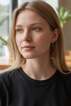 Red-brown-orange toned drop hoop earrings, made with ceramic Bonda beads, Karen hill tribe silver feature beads and sterling silver hooks. Length approx 8 cm
