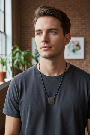Square coconut wood and sterling silver pendant, with a solid silver back and a large and generously sized bail. This is a unisex, organic style of pendant that can be worn like a choker or on a longer chain and will look great on men or women. Measurements: 2.8 x 2.8 cm