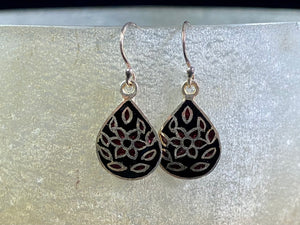 Beautiful hand crafted enamel and sterling silver dangle earrings from Jaipur, India. Lightweight and easy to wear, with sterling silver hooks. Plain silver backs. 3 cm drop including hook, the enamelled panel is 2 cm in length
