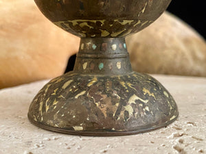 Russian Orthodox church communion chalice. Early 20th century. Engine turned brass with elaborate inlay enamel decoration in white with blue and red highlights. The enamel work is very worn and rubbed in places. Height 15 cm, width 6.5 cm.