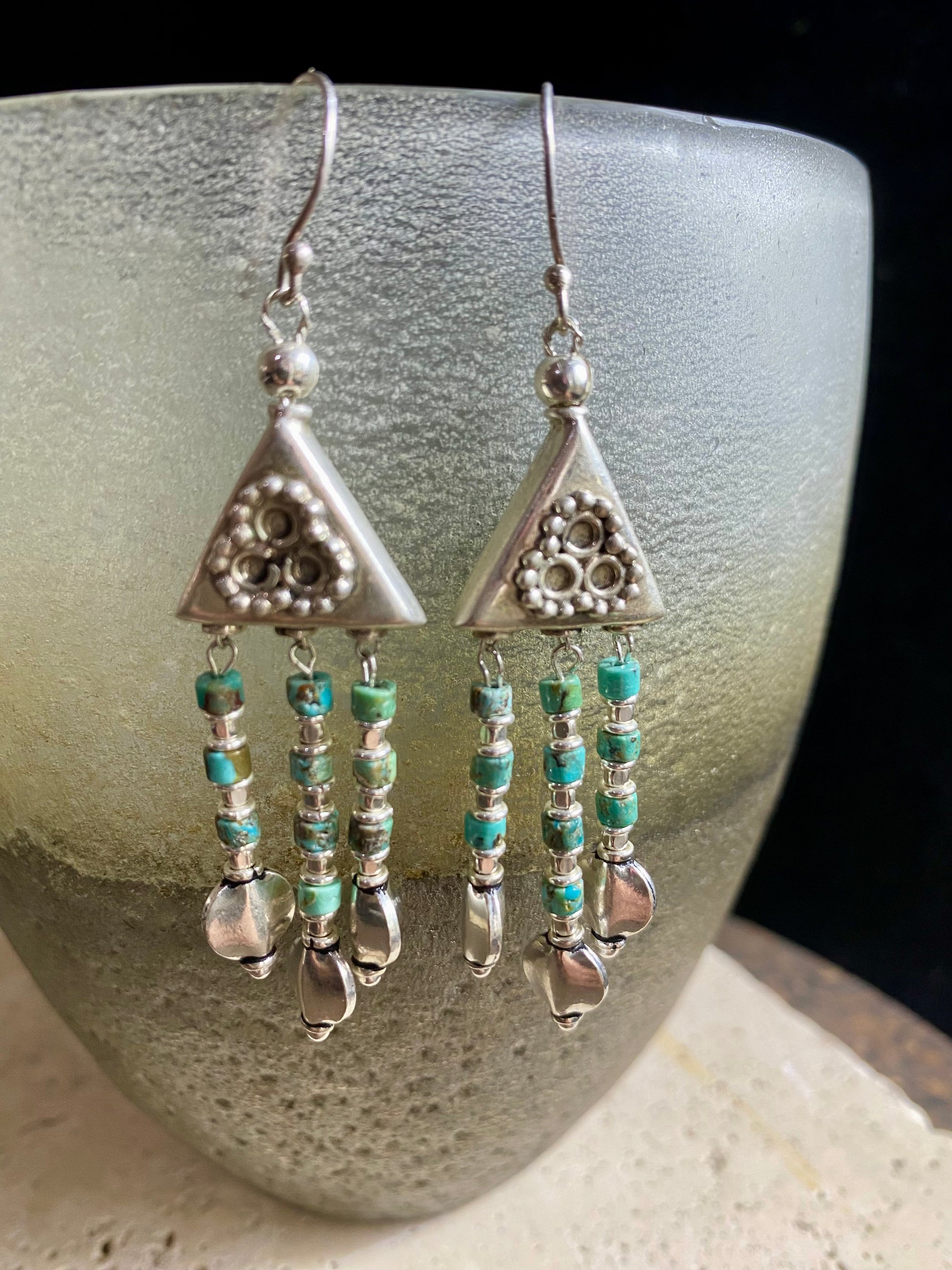 Three strand chandelier earrings crafted from natural Hubei turquoise and sterling silver handmade chandelier pieces, detailing and hooks. Stunning and unique, with an ancient Roman look and feel. Measurements: Length approximately 7.5 cm
