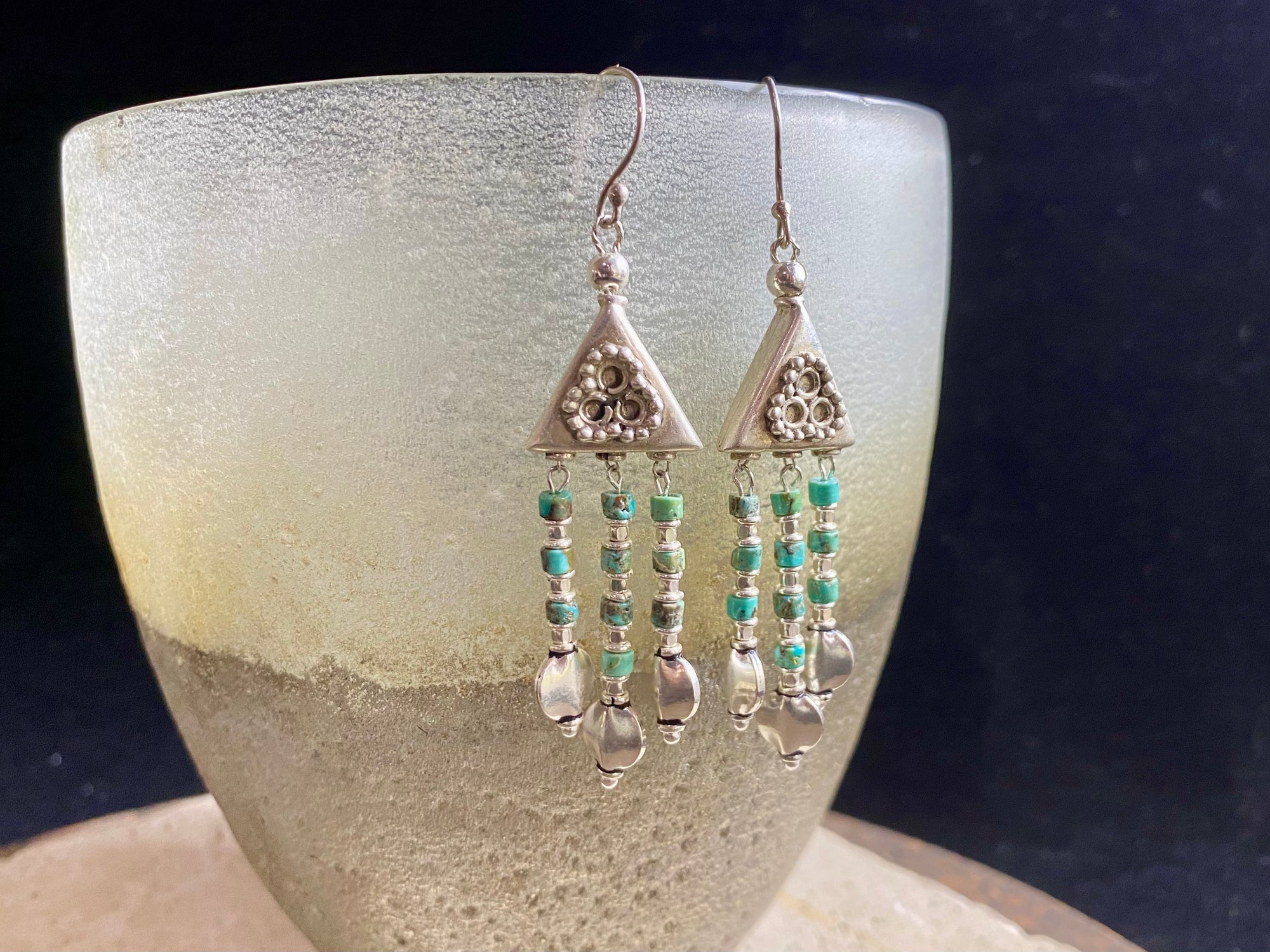 Three strand chandelier earrings crafted from natural Hubei turquoise and sterling silver handmade chandelier pieces, detailing and hooks. Stunning and unique, with an ancient Roman look and feel. Measurements: Length approximately 7.5 cm