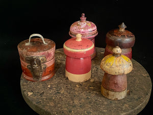 Antique small tikka pots. Hand carved teak, lacquer paint. Approx 50-90 years old. Assorted shapes, sizes and colours. Height approximately 9-12, diameter 6-8 cm