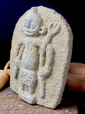 Antique Indian village carving, most likely tribal Bhastar or Kondi. This stele relief carving depicts a very rudimentary image of Shiva, identified by his trident. A village artefact collected from Orissa province, this type of statue would guard the road into and out of the village, enclosed in a small shrine. Height 29.5 cm x width 23 cm x depth 7 cm