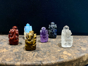 Hand carved from luminous gemstone, these are the perfect small Ganesh statue for travelling, if you're short on space or like to keep Ganesh with you at all times. Select the one you like best from the drop down menu. Range in size from 2.5 - 3 cm