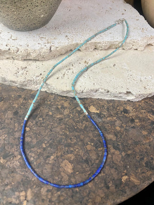 Fine necklace of lapis lazuli and turquoise hand cut beads, highlighted with sterling silver