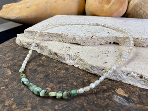 Elegant pearl and African jasper choker necklace, finished with sterling silver detailing and clasp. Length 40 cm