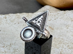 Stunning silver tribal ring from Rajasthan, India. High grade silver. Adjustable back so it will fit a number of finger sizes. Measurements: Ring face: 3.4 x 2.8 cm Size: Anywhere from size 6 to size 8, this ring is adjustable