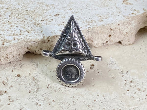 Stunning silver tribal ring from Rajasthan, India. High grade silver. Adjustable back so it will fit a number of finger sizes. Measurements: Ring face: 3.4 x 2.8 cm Size: Anywhere from size 6 to size 8, this ring is adjustable