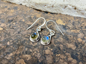 Simply elegant earrings with a difference. Sterling silver hooks complete the look. Our earrings are open-backed to allow the natural light of the cabochon stones to show through. Length including hook 2.7 cm