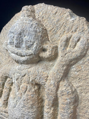 Antique Indian village carving, most likely tribal Bhastar or Kondi. This stele relief carving depicts a very rudimentary image of Shiva, identified by his trident. A village artefact collected from Orissa province, this type of statue would guard the road into and out of the village, enclosed in a small shrine. Height 29.5 cm x width 23 cm x depth 7 cm