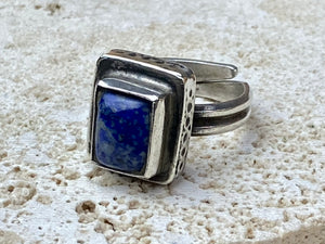 This beautiful vintage ring features a lapis lazuli stone. This ring sits high on the finger and is a definite statement piece. High grade silver. From Afghanistan, mid 20th century. Adjustable. Measurements: Ring face 1.6 x 1.3 cm, diameter 18.5 mm | Size 8.5 | No 19, to fit any finger from 7 - 9