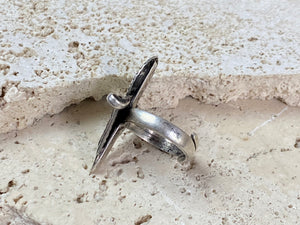 Stunning silver tribal ring from Rajasthan, India. High grade silver. Adjustable back so it will fit a number of finger sizes. Measurements: Ring face: 3.4 x 2.8 cm Size: Anywhere from size 6 to size 8, this ring is adjustable