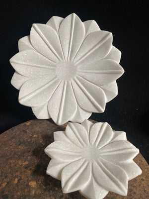 Hand crafted shallow bowls or plates, hand carved in Rajasthan from the finest local white marble in the form of an open lotus flower. Select from two sizes. Small 16 cm diameter, Large 26 cm diameter