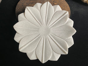 Hand crafted shallow bowls or plates, hand carved in Rajasthan from the finest local white marble in the form of an open lotus flower. Select from two sizes. Small 16 cm diameter, Large 26 cm diameter