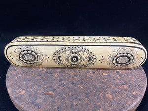 traditional Indian pen boxes. Crafted from panels of camel bone over wood, fitted together then painted with detailed black scroll work. Length 28 cm