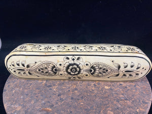 traditional Indian pen boxes. Crafted from panels of camel bone over wood, fitted together then painted with detailed black scroll work. Length 28 cm