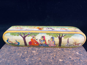 traditional Indian pen boxes. Crafted from panels of camel bone over wood, fitted together then painted with detailed scenes. Length 28 cm