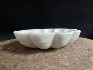 Hand carved, scallop edged bowls, carved from the finest local white marble. Simple, elegant, practical, natural stone. Measurements 15.5 cm diameter, height 3 cm