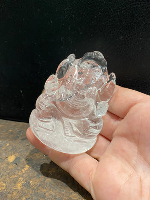 Hand carved quartz rock crystal Ganesh statue. Height 6 cm, width at base 5 cm