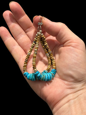 Long and beautiful graduated natural Arizonian turquoise with rondel cut jasper beads. The earrings are finished with sterling silver. Length 9 cm