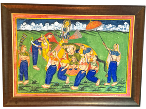 Antique Pichwai Painting of Krishna and the the Nari Kunjar and Gopis. Circa 1900.  Hand painted on stiffened cotton cloth with stone ground natural pigments.