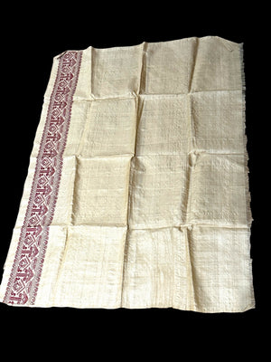 Hand loomed muga silk saree in two pieces. Guwahati region, Assam, northeast India. 100% muga silk in both warp and weft. Length 5.5 m x 109 cm
