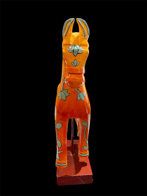 Bright and beautiful, our large horse statue is carved from solid hard wood and painted in burn orange with blue detail. A modern piece for all horse lovers, hand made in Rajasthan, India.
Measurements: height to ear 33 cm, length 24 cm, width 8 cm.