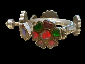 Heavy, solid antique silver and glass bracelet from Pakistan. Early to mid 19th C, high grade silver. Inside circumference 14.5 cm