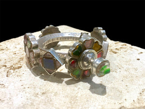Heavy, solid antique silver and glass bracelet from Pakistan. Early to mid 19th C, high grade silver. Inside circumference 14.5 cm