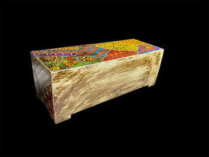 This intricately painted box features two spacious drawers, small feet and brass knobs as handles. The roominess of the drawers means our long, low chest is perfect for holding everything from trinkets to jewellery and keys. A lovely, hand painted piece of craftsmanship from Rajasthan, India.
Measurements: width 24, depth 9 cm, height 9 cm
