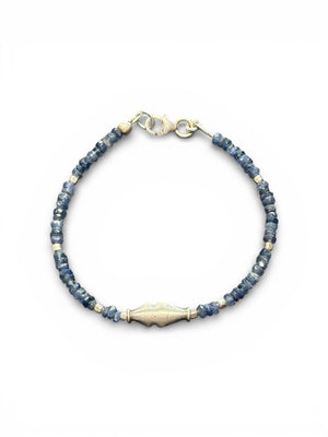 Fine beaded bracelet of facet cut sapphire, finished with a vintage sterling silver feature bead, spacer beads and clasp. Length 16.2 cm, size 14 cm.