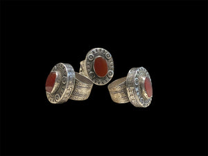 Bought in 2016 in a village on the Pakistan border, these rings are typically rustic Afghani mens' jewellery. Silver & carnelian. Face 3 x 2 cm, height 1.2 cm
