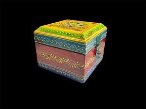 This intricately painted box features a spacious compartment perfect for holding trinkets, jewellery or keys. A lovely, hand painted piece of craftsmanship from Rajasthan, India and our absolute best selling small box.
Measurements: width 9.5, depth 9.5cm, height 8 cm