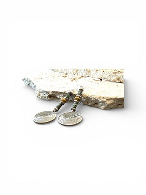 Karen hill tribe silver, blue green jasper & sterling silver hooks. Our statement earrings are very stylish and wearable. Length 6.7 cm, spiral diameter 2.3 cm