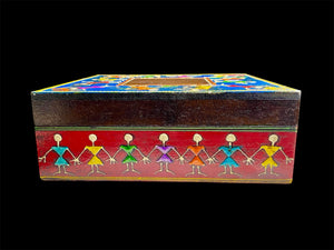 This charmingly painted box features one single, square compartment and features a lid that lifts off completely. The roominess of the box means it is perfect for holding everything from trinkets to jewellery and keys. A lovely, hand painted piece of craftsmanship from Rajasthan, India.
Every box is hand painted differently so expect variation I colour and pattern when ordering.
Measurements: width 20, depth 20 cm, height 7.5 cm