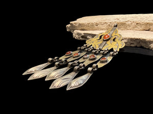 Tekke Turkoman women's pendant. High grade silver, 24k gold fire gilding, carnelian stones. All dangles are original. Early 20th C, height 15 cm