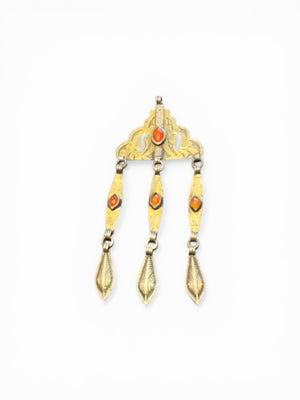 Tekke Turkoman women's pendant. High grade silver, 24k gold fire gilding, carnelian stones. All dangles are original. Early 20th C, height 14.6 cm