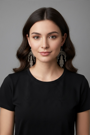 Traditional Tunisian bridal filigree crescent earrings with hamsa pendants & articulated drops. High grade silver. Vintage 1940's. Height 10 cm, width 4.6 cm