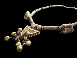 Unique necklace of antique silver components - Afghan tube beads, Turkoman pendant, double amulets from Pakistan and small Indian bell pendants. Length 56 cm