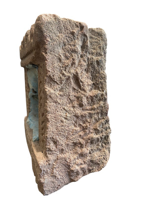 Antique Indian hand carved stone temple wall niche. Pink sandstone and layered turquoise blue paint. Rajasthan, India. 19th C. H 24 cm, D 11 cm, W 22 cm